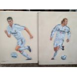 Two Oil Paintings Real Madrid Football Club ' Michael Owen' & 'David Beckham' Signed Deighan