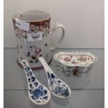 Collection of Chinese porcelain to include; hand painted cricket box, mug and spoons [4]