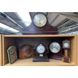 A Shelf of mantel clocks and 8 day enamel clock & Apprentice grandfather clock