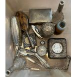A Box of silver marked items to include cigarette box, photo frame, Travel case containing pocket