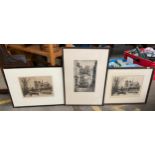 Three antique original etchings depicting French/ Paris buildings. Signed by the artist to each.