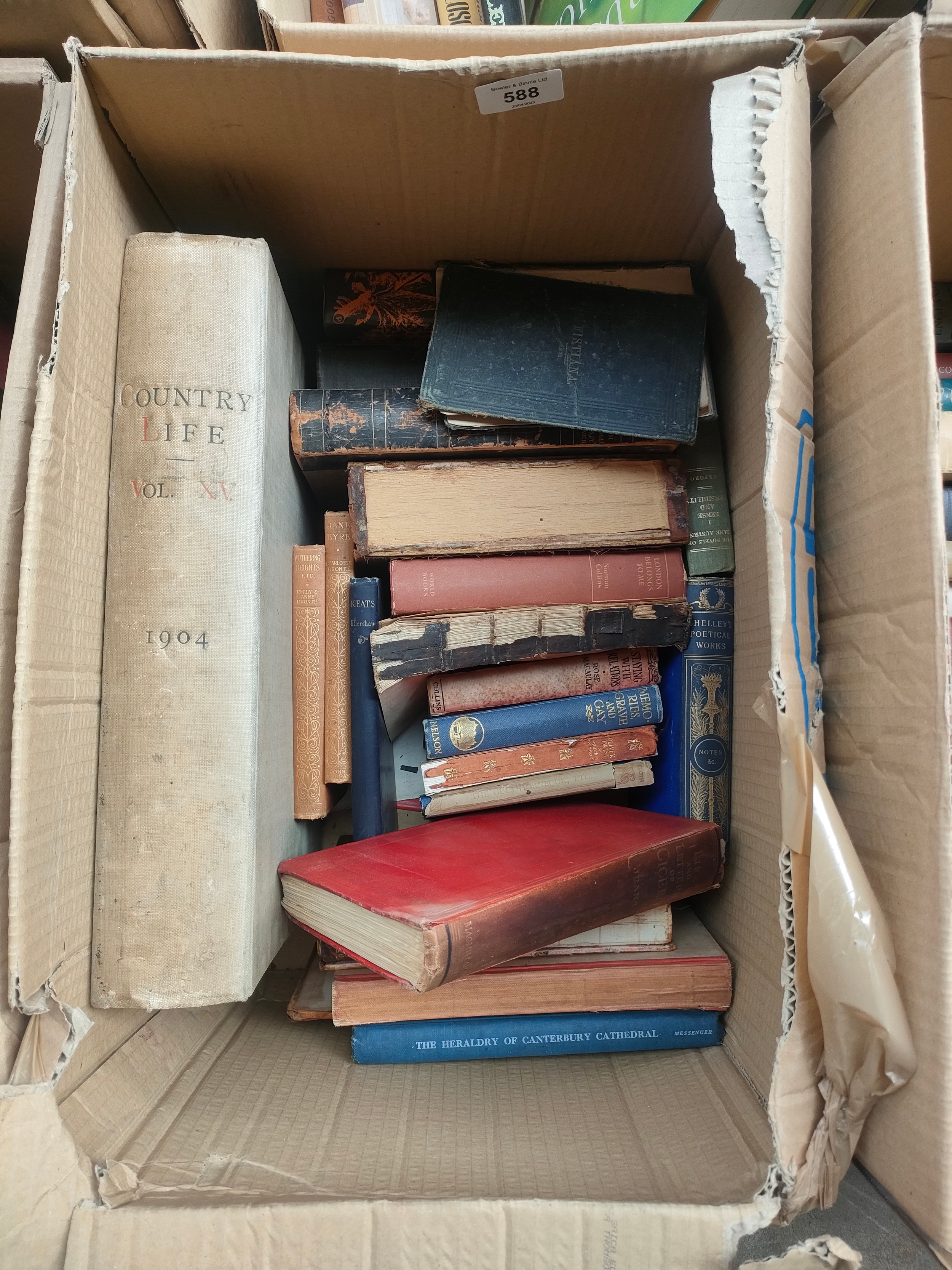 A Box of antique books includes country life dated 1904, Shelley's poetical works and many more