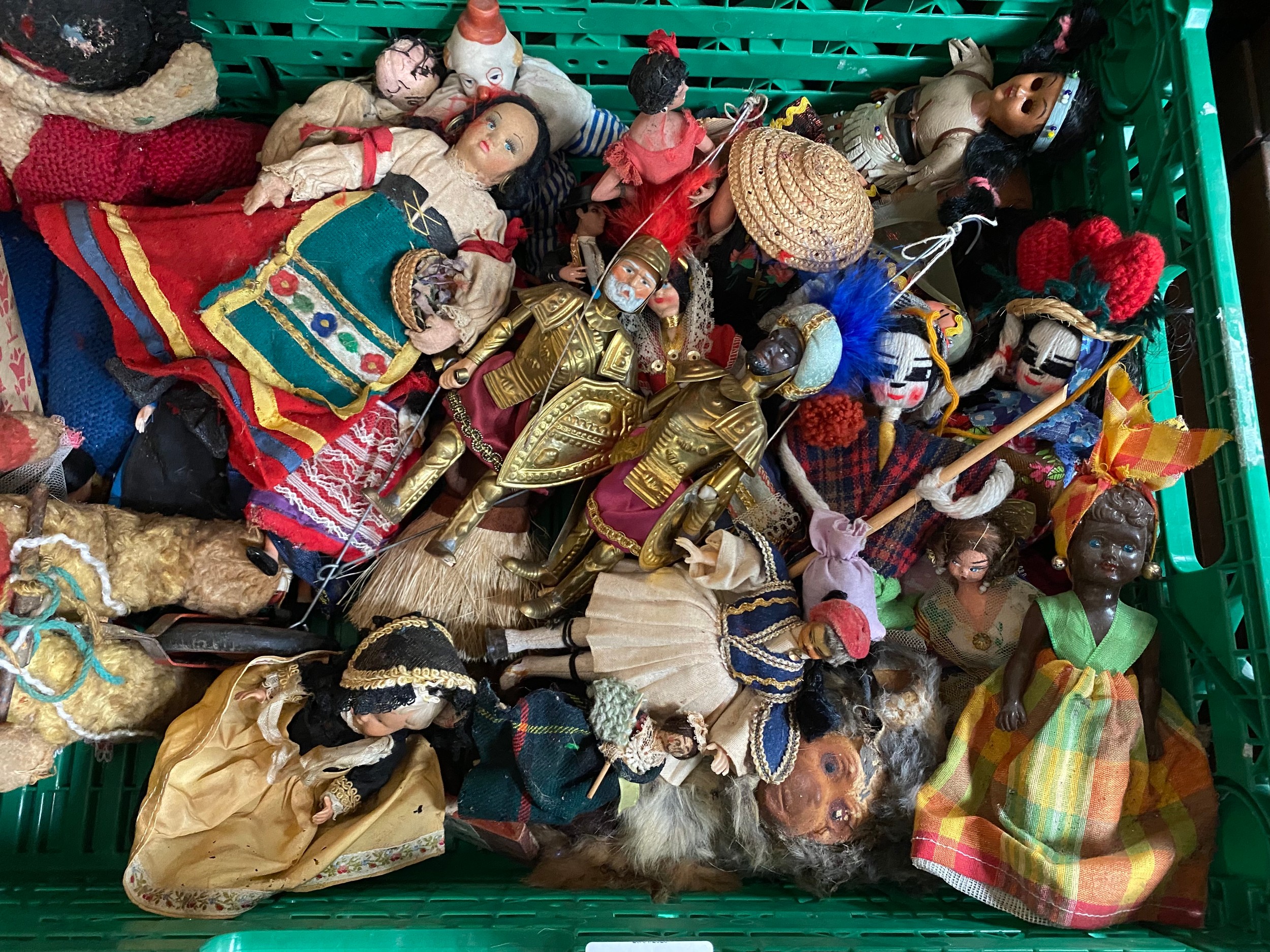 A Box of antique and vintage mixed world dolls, puppets and teddies. Includes Robinsons teddy, Two - Image 2 of 4