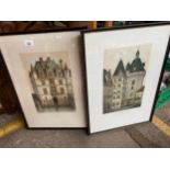 Two antique French coloured prints titled 'Chateau De Chenonceaux' & 'Hotel de ville de loches'