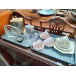 Two trays of collectables to include Aynsley and Tuscan tea ware, clocks and paperweights one signed