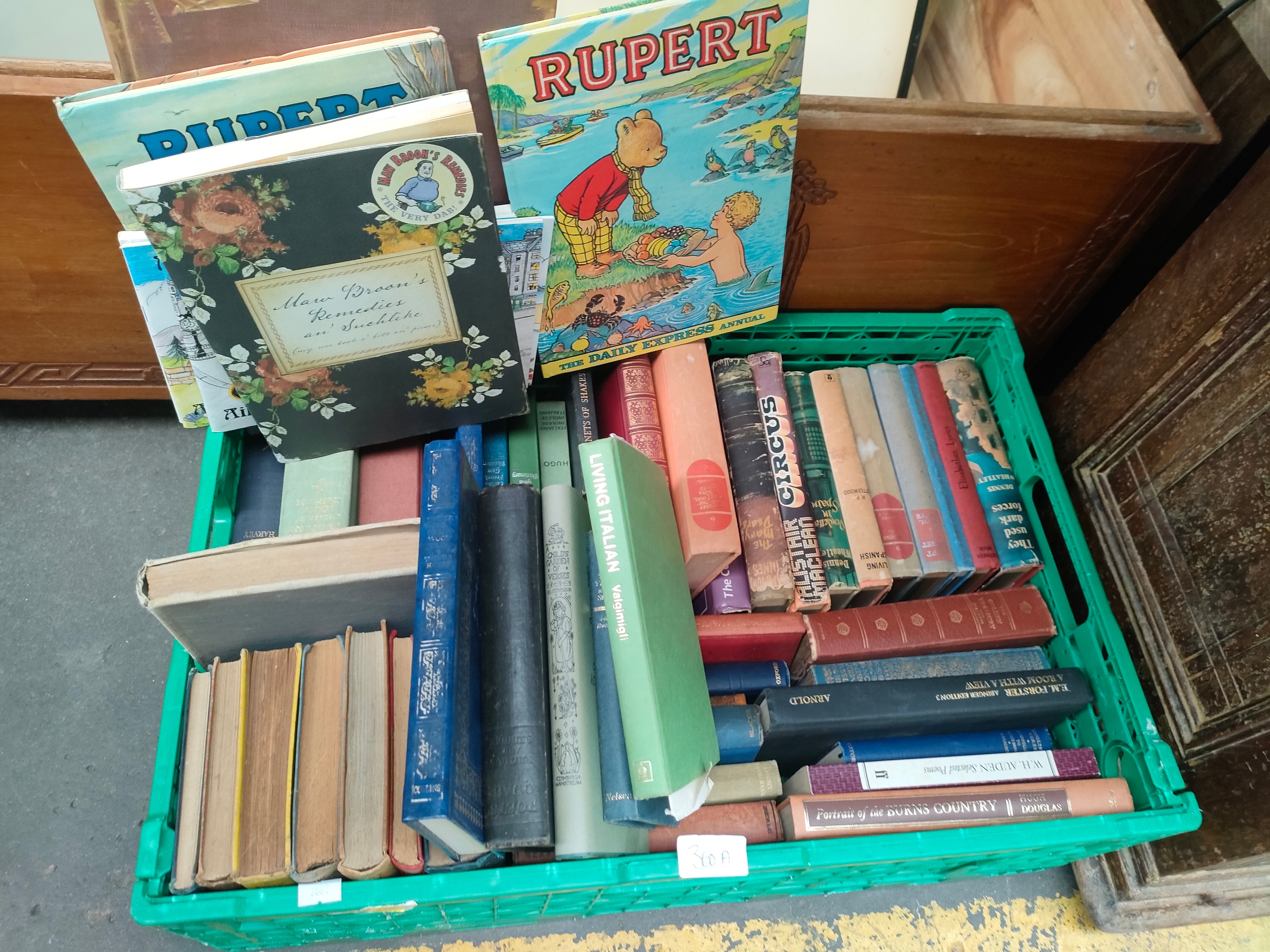 A large box of antique books , crime books and Rupert