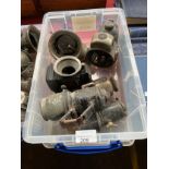 A Box of Antique Car bide lamps include powell hammer ltd