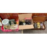 3 Boxes of collectables to include collectable tins, vintage cola item and Bakelite telephone