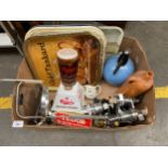 A box of Bar optics and bar trays and other pub items