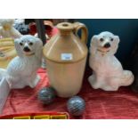 Pair of Victorian Wally dugs, Stone ware Flagon along with Victorian Scottish bowling bowls