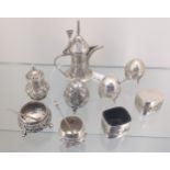 A Collection of Anglo Indian silver condiment items and silver tea pot. [378grams] Together with two