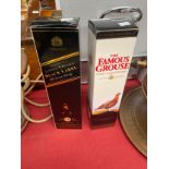 A bottle of Black label johnny walker old scotch whisky along with The Famous grouse scotch whisky
