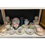 A Shelf of antique porcelain to include Mintons Secessionist vase No.41, Meissen ink well stand,
