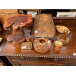 A lot of treen wares includes Vintage dog bookends, wooden quiche and an inlaid eastern box