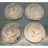 Four antique silver crowns; Two George III 1819 Crowns and Two George IIII 1821 Silver crowns.