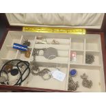 Jewellery box containing various jewellery and watches. Includes 9ct gold locket and horn pendant-