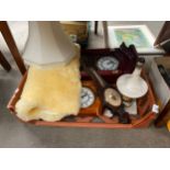 A Crate of collectables includes vintage barometer & vintage wall clock