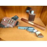 Replica magnum revolver gun for ornamental purposes, gun belt, hip flask and baton passed in free-