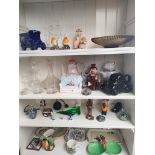 4 shelves of collectables to include Novelty tea pots, art glass perfume bottles, Carlton ware &