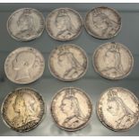 Nine antique Silver crowns; Three 1889, Three 1890, one 1891 & one 1896 Queen Victoria crowns.