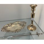 Birmingham silver candle stick, London silver pierced dish and EP Sword bone marrow tool.