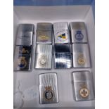 A Collection of 10 vintage Naval Zippo lighters includes REVENGE, FEARLESS, HURON AND LINCOLN