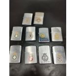 A Collection of 10 vintage Naval Zippo lighters includes MAXTON, VIGILANT, H.M.S. ARGONAUT, JAGUAR