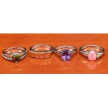 Four 925 silver and gem stone rings includes 5 stone fire opal stone set ring.