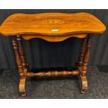 19th century side table, the shaped top with marquetry inlay, above shaped apron sides, raised on