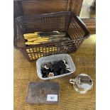 A basket of loose silver plated flatwares, Tub of vintage buttons, Silver plated cigar box and