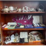 3 Large Shelves of Silver plated wares includes Flat wares , 3 piece silver plated tea service and