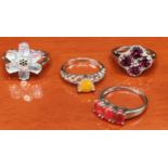Four 925 silver and gem stone rings includes Moonstone style set ring.