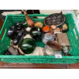 A Crate of collectables includes paperweights and oriental collectables