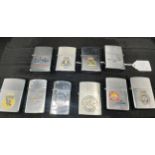 A Collection of 10 vintage Naval Zippo lighters includes U.S.S Intrepid, H.M.S. Maxton, RMAS
