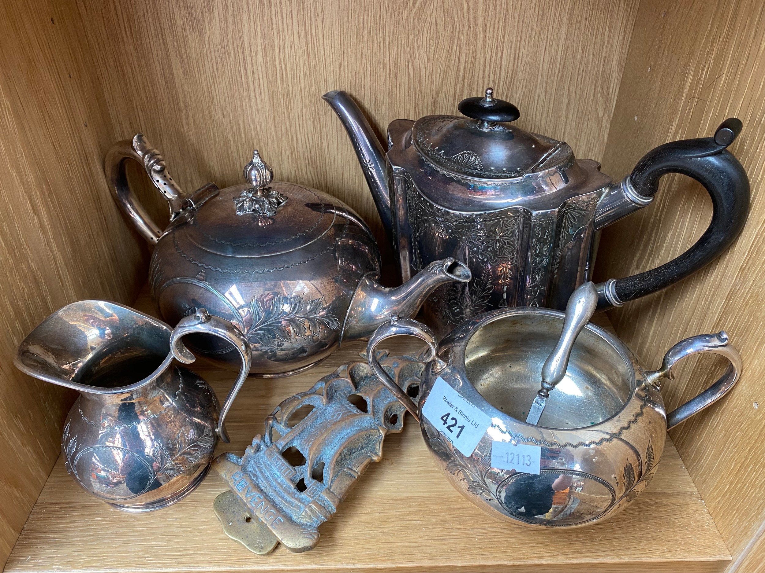 2 Shelves of silver plated wares includes 3 piece silver plated tea set - Image 2 of 3