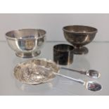 A Selection of silver items; Birmingham sugar bowl, London silver sugar bowl, Sheffield silver