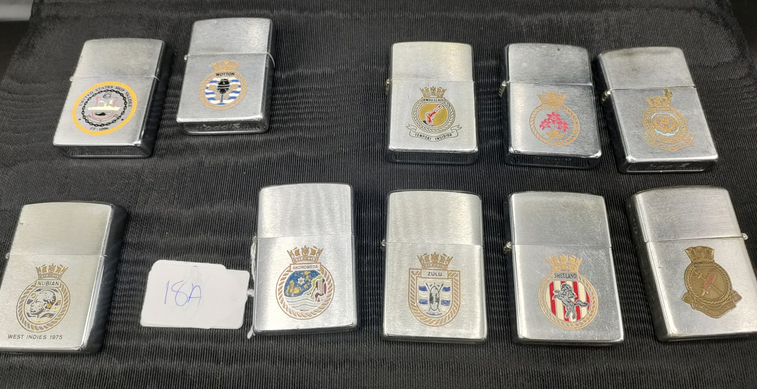 A Collection of 10 vintage Naval Zippo lighters includes SHETLAND, ZULU, H.M.S. RELENTLESS AND