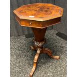 19th century Mahogany and Burr Walnut sewing table. Octagonal table top lid opening to interior