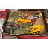 Box of Dinky armoured vehicles, German Euro transporter, Shinsei rocket car and many more