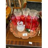 A Tray of Cranberry Glass glasses, Caithness vase and jade bear figure