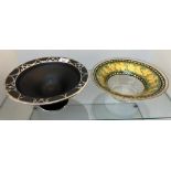 Art Deco Black glass and silver overlay centre piece bowl and antique gilt and green glass bowl.