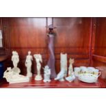 A Shelf of Greek figures, large art deco style lady figure, 2 nao duck figures and tea wares