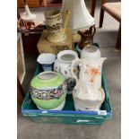 A Crate of collectables includes Victorian lustre jug and Widdicombe fair musical tankard