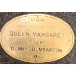 Brass Plaque from one of the last diesel -electric ferries to cross the River Forth, 'Queen