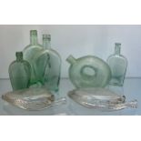 A lot of seven antique glass bottles; Unusual shaped bubble effect glass bottle depicting engraved