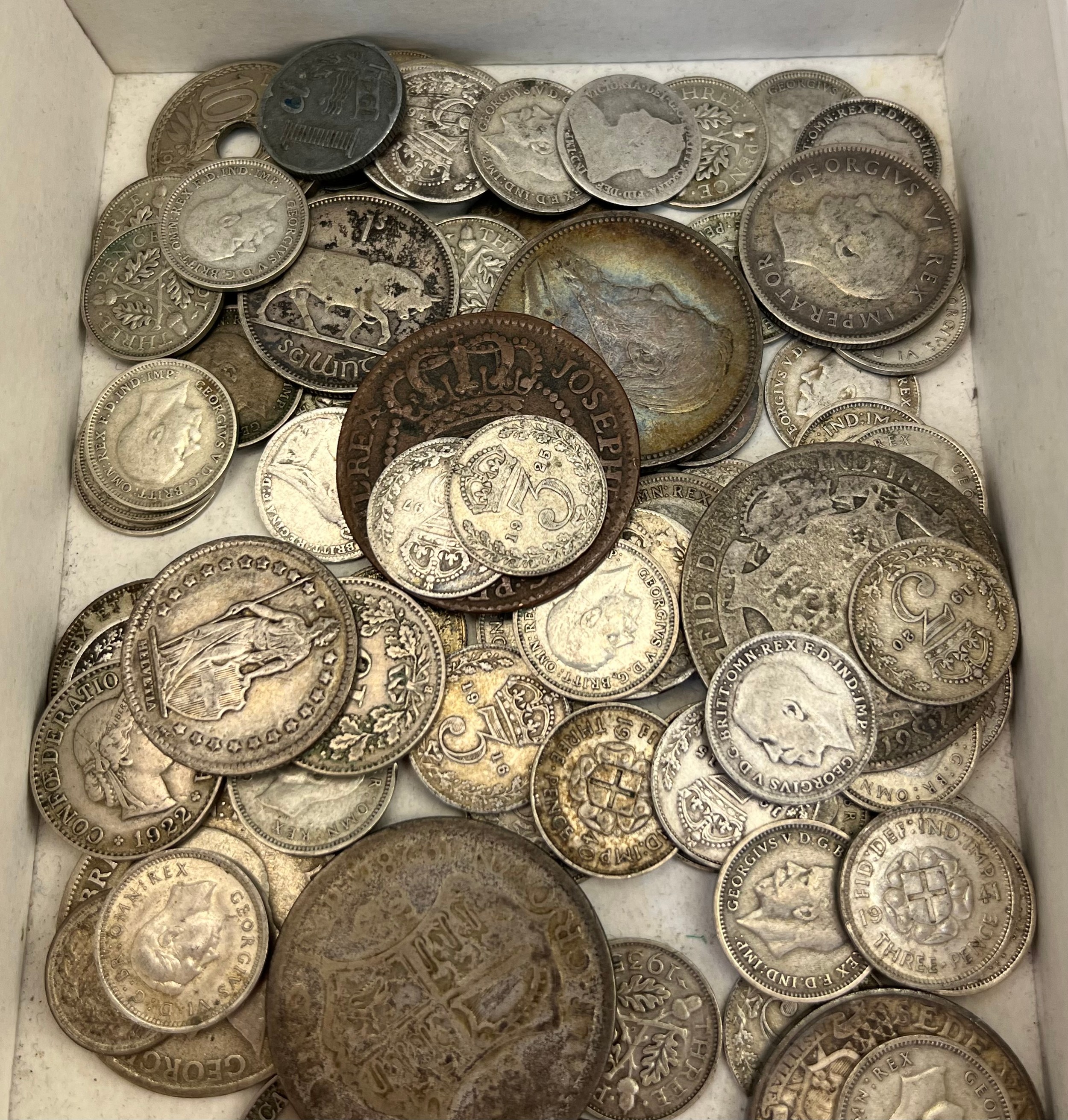 A Collection antique silver coins; includes mostly silver three pence coins.[Silver weight- 229. - Image 2 of 2