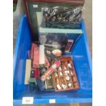 A Box of thimbles and souvenir spoons & a horse tapestry