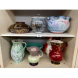 2 Shelves of pottery to include Studio pottery planter, preserve pot, Crown Devon lustre jug and