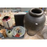 A Tray of studio pottery along with a large stone ware vase
