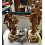 Two Oriental Table Lamp Figures, largest Standing 74 cm with a pressed designed Light Metal Tea Pot.